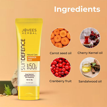 Jovees Herbal Sun Defence Cream SPF 50 PA+++ Broad Spectrum For All Skin | Protection From UVA/UVB & Sun Damaged | Lightweight, Non Greasy & Quick Absorption 50g